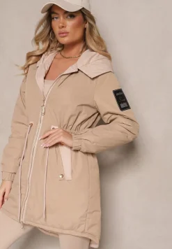 Ciemnobeżowa Kurtka o Kroju Parki z Kapturem i Ściągaczem w Talii Zizana