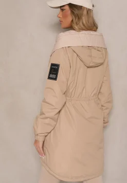 Ciemnobeżowa Kurtka o Kroju Parki z Kapturem i Ściągaczem w Talii Zizana