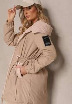 Ciemnobeżowa Kurtka o Kroju Parki z Kapturem i Ściągaczem w Talii Zizana