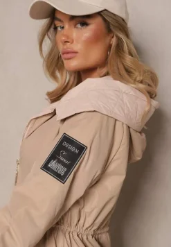 Ciemnobeżowa Kurtka o Kroju Parki z Kapturem i Ściągaczem w Talii Zizana