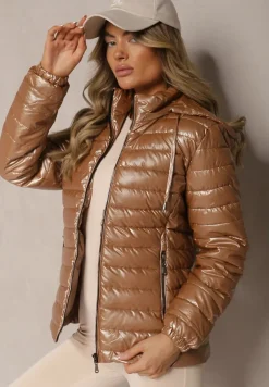 Ciemnobeżowa Kurtka Ozdobiona Pikowaniem z Odpinanym Kapturem Mivvera