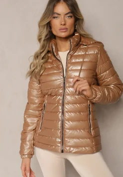 Ciemnobeżowa Kurtka Ozdobiona Pikowaniem z Odpinanym Kapturem Mivvera