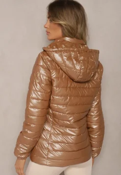 Ciemnobeżowa Kurtka Ozdobiona Pikowaniem z Odpinanym Kapturem Mivvera