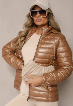 Ciemnobeżowa Kurtka Ozdobiona Pikowaniem z Odpinanym Kapturem Mivvera