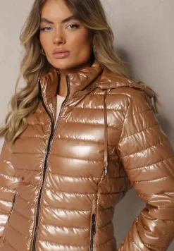 Ciemnobeżowa Kurtka Ozdobiona Pikowaniem z Odpinanym Kapturem Mivvera