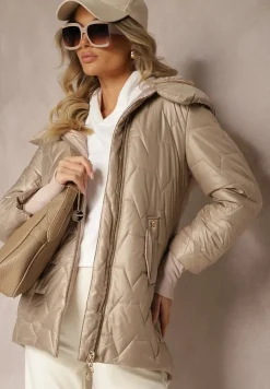 Ciemnobeżowa Kurtka Ozdobiona Pikowaniem z Rękawami Zakończonymi Ściągaczami i Kapturem Celosira