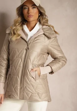 Ciemnobeżowa Kurtka Ozdobiona Pikowaniem z Rękawami Zakończonymi Ściągaczami i Kapturem Celosira