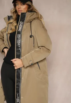 Ciemnobeżowa Kurtka Parka o Pudełkowym Kroju z Kapturem i Kieszeniami Kaionna