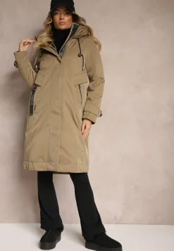 Ciemnobeżowa Kurtka Parka o Pudełkowym Kroju z Kapturem i Kieszeniami Kaionna
