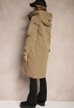 Ciemnobeżowa Kurtka Parka o Pudełkowym Kroju z Kapturem i Kieszeniami Kaionna