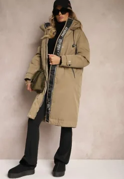 Ciemnobeżowa Kurtka Parka o Pudełkowym Kroju z Kapturem i Kieszeniami Kaionna