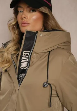 Ciemnobeżowa Kurtka Parka o Pudełkowym Kroju z Kapturem i Kieszeniami Kaionna