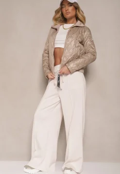 Ciemnobeżowa Kurtka Pikowana z Elastyczną Gumką w Pasie Zarriva