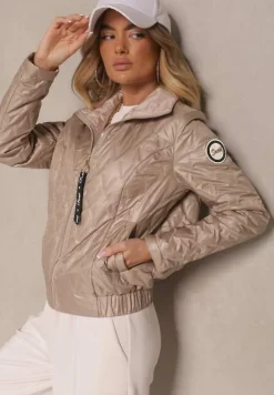 Ciemnobeżowa Kurtka Pikowana z Elastyczną Gumką w Pasie Zarriva