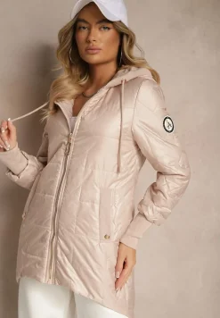 Ciemnobeżowa Kurtka Pikowana o Asymetrycznym Kroju z Odpinanym Kapturem Efalitia