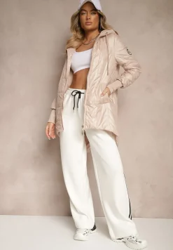 Ciemnobeżowa Kurtka Pikowana o Asymetrycznym Kroju z Odpinanym Kapturem Efalitia