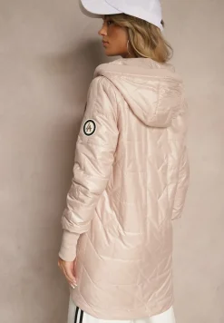 Ciemnobeżowa Kurtka Pikowana o Asymetrycznym Kroju z Odpinanym Kapturem Efalitia