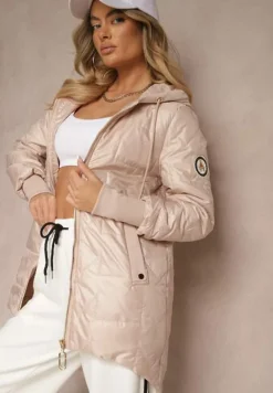 Ciemnobeżowa Kurtka Pikowana o Asymetrycznym Kroju z Odpinanym Kapturem Efalitia