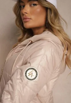 Ciemnobeżowa Kurtka Pikowana o Asymetrycznym Kroju z Odpinanym Kapturem Efalitia