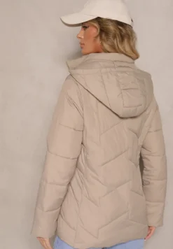 Ciemnobeżowa Kurtka Pikowana z Kapturem z Możliwością Odpięcia Felathra