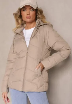 Ciemnobeżowa Kurtka Pikowana z Kapturem z Możliwością Odpięcia Felathra
