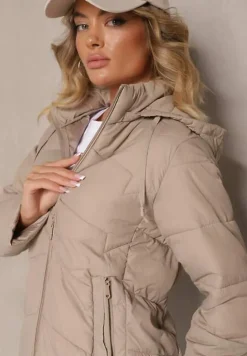 Ciemnobeżowa Kurtka Pikowana z Kapturem z Możliwością Odpięcia Felathra