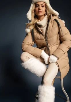 Ciemnobeżowa Kurtka Pikowana o Długim Kroju z Kapturem i Suwakiem Dwukierunkowym Naomira