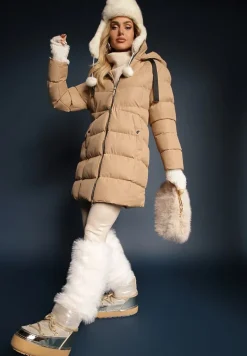 Ciemnobeżowa Kurtka Pikowana o Długim Kroju z Kapturem i Suwakiem Dwukierunkowym Naomira