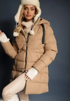 Ciemnobeżowa Kurtka Pikowana o Długim Kroju z Kapturem i Suwakiem Dwukierunkowym Naomira