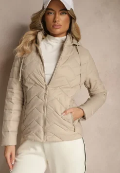 Ciemnobeżowa Kurtka Przejściowa z Pikowaniem i Odpinanym Kapturem Leopia