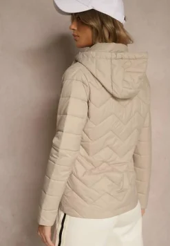 Ciemnobeżowa Kurtka Przejściowa z Pikowaniem i Odpinanym Kapturem Leopia