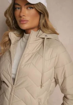 Ciemnobeżowa Kurtka Przejściowa z Pikowaniem i Odpinanym Kapturem Leopia