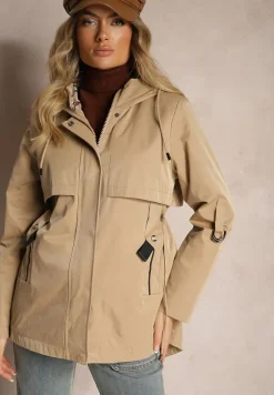 Ciemnobeżowa Kurtka Typu Parka z Troczkami w Talii Kapturem i Kieszeniami Kaivara