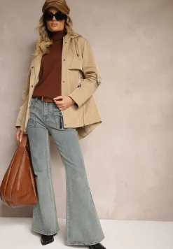 Ciemnobeżowa Kurtka Typu Parka z Troczkami w Talii Kapturem i Kieszeniami Kaivara