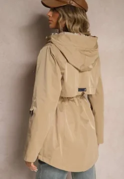 Ciemnobeżowa Kurtka Typu Parka z Troczkami w Talii Kapturem i Kieszeniami Kaivara