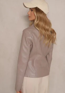 Ciemnobeżowa Kurtka w Stylu Ramoneski z Suwakiem i Napami Mevira