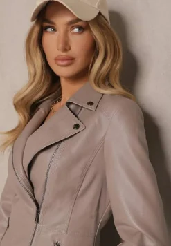 Ciemnobeżowa Kurtka w Stylu Ramoneski z Suwakiem i Napami Mevira