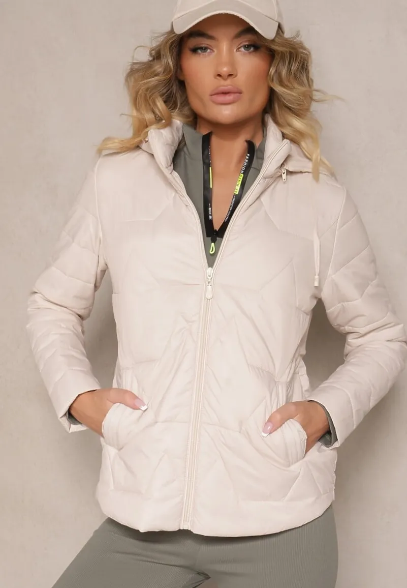 Ciemnobeżowa Kurtka z Geometrycznym Pikowaniem i Kapturem Lilidi