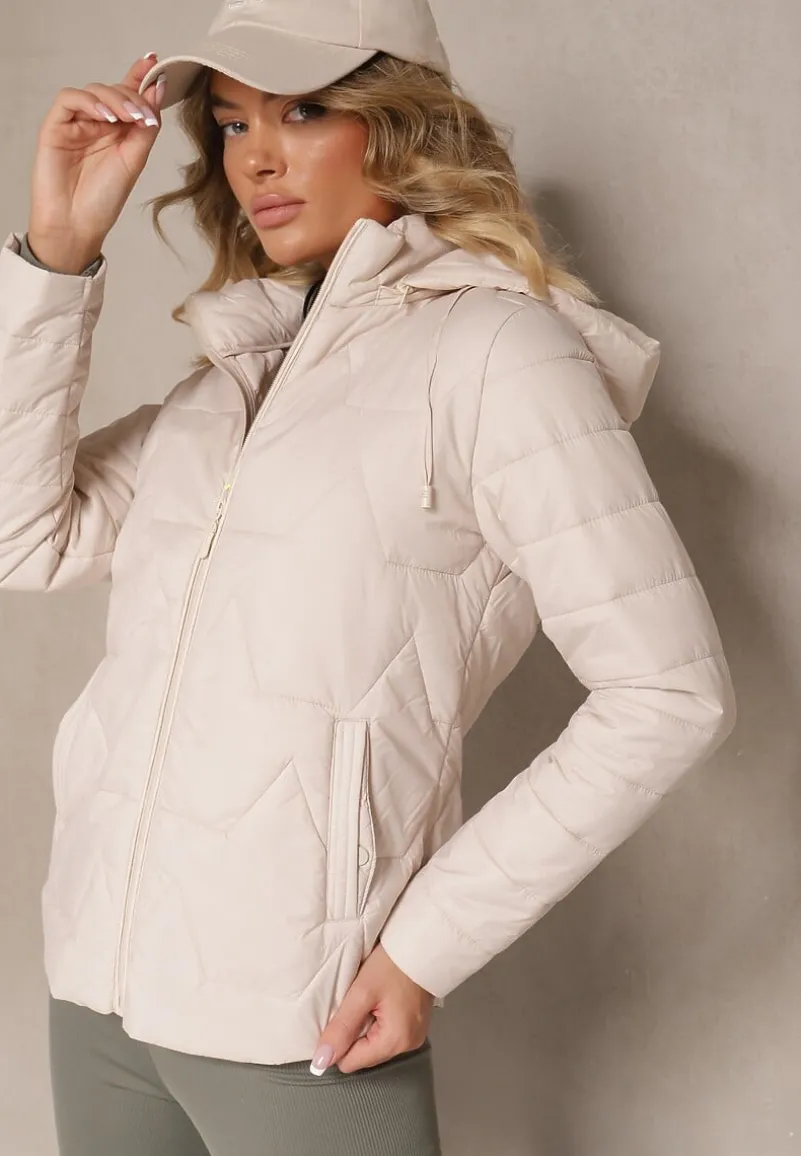 Ciemnobeżowa Kurtka z Geometrycznym Pikowaniem i Kapturem Lilidi