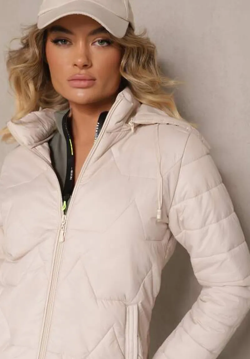 Ciemnobeżowa Kurtka z Geometrycznym Pikowaniem i Kapturem Lilidi