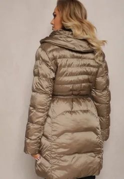 Ciemnobeżowa Kurtka z Klasycznym Pikowaniem i Wiązanym Paskiem Aldomisia