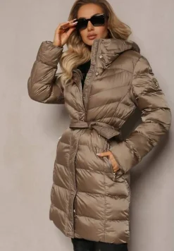 Ciemnobeżowa Kurtka z Klasycznym Pikowaniem i Wiązanym Paskiem Aldomisia