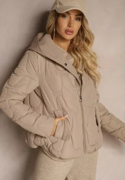 Ciemnobeżowa Kurtka z Materiałowym Kapturem i Kieszeniami Zdobiona Pikowanymi Przeszyciami Ravathrias