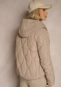 Ciemnobeżowa Kurtka z Materiałowym Kapturem i Kieszeniami Zdobiona Pikowanymi Przeszyciami Ravathrias