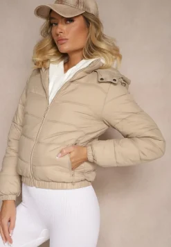 Ciemnobeżowa Kurtka z Odpinanym Kapturem Ozdobiona Pikowaniem Jolvesa