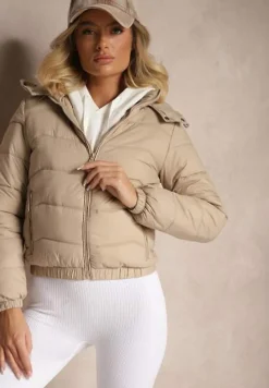 Ciemnobeżowa Kurtka z Odpinanym Kapturem Ozdobiona Pikowaniem Jolvesa