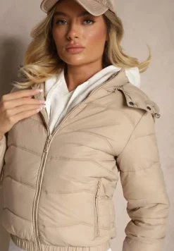 Ciemnobeżowa Kurtka z Odpinanym Kapturem Ozdobiona Pikowaniem Jolvesa