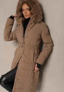 Ciemnobeżowa Kurtka z Odpinanym Futerkiem Taliowana o Długim Fasonie Delavira
