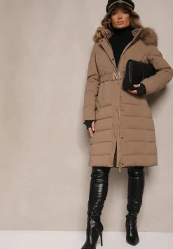 Ciemnobeżowa Kurtka z Odpinanym Futerkiem Taliowana o Długim Fasonie Delavira