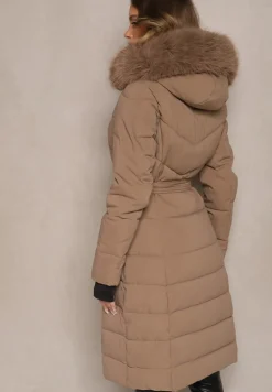 Ciemnobeżowa Kurtka z Odpinanym Futerkiem Taliowana o Długim Fasonie Delavira